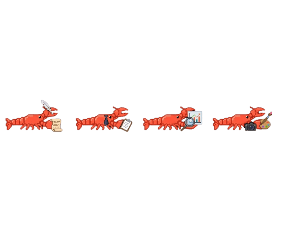 OpenClaw agent lobsters — writer, manager, analyst, creative