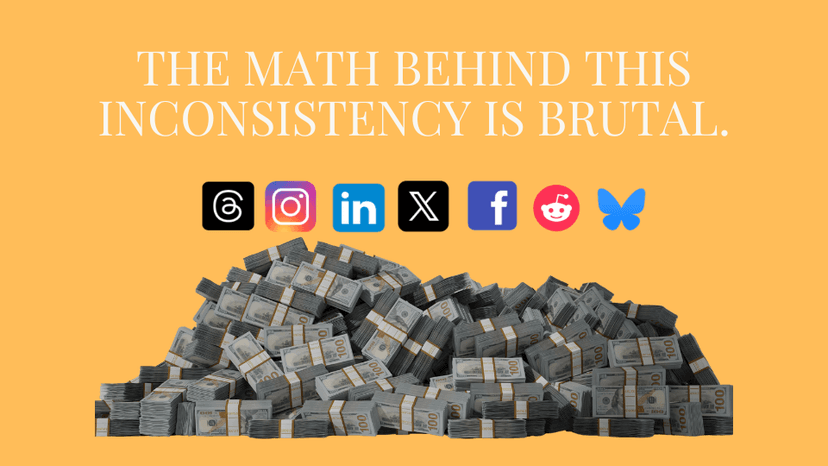 A visual representation of social media consistency for entrepreneurs showing a pile of cash divided between a frustrated person and a successful one using bolta.ai for automated content distribution.