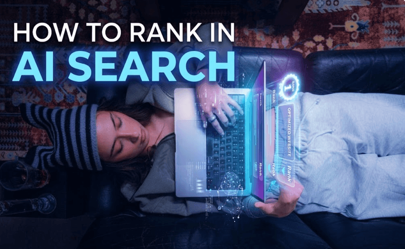 Person lying on a couch using a laptop with glowing AI search ranking visuals, illustrating how to rank in AI search