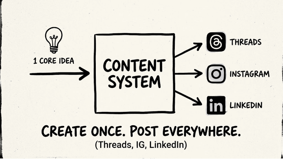 Content workflow diagram showing one source post branching into platform-specific adaptations for Threads, Instagram, and LinkedIn