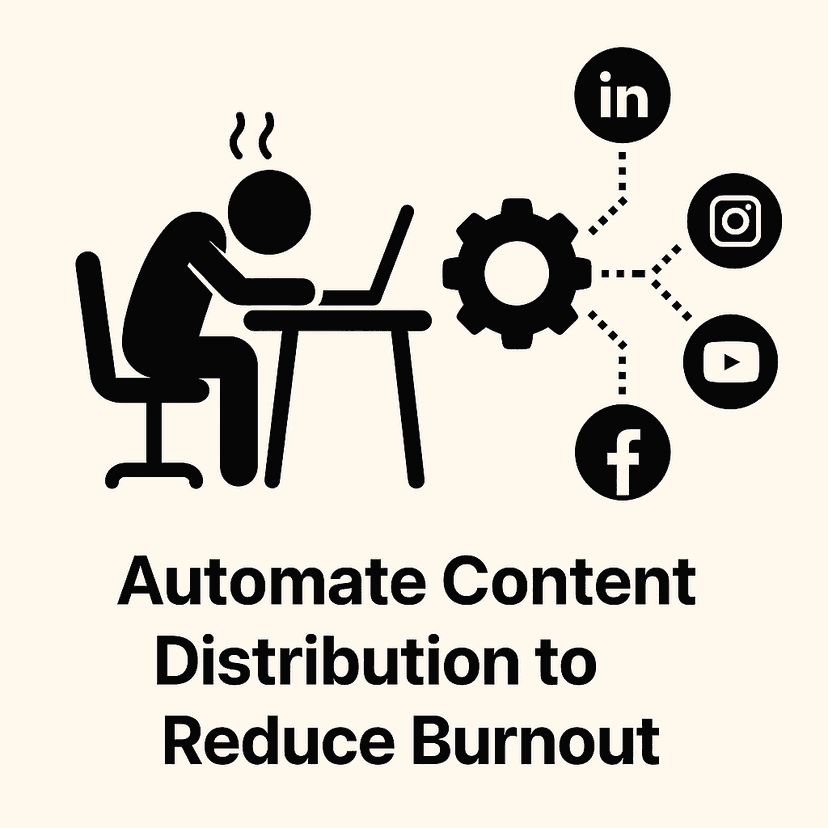 Flat-style minimalist illustration Dan Koe of a burnt-out content creator slumped at a desk, visually depicting automation relieving stress through connected social media icons like LinkedIn, Instagram, YouTube, and Facebook, symbolizing how automating content distribution reduces creator burnout. creator burnout, content distribution automation, stay consistent content, reduce burnout creators, social media automation, Bolta.ai, crossposting tools, creator workflow automation, AI content calendar
