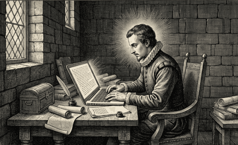 Creator at a desk with papers and drafts, illuminated by a beam of insight from the screen, visualizing how Bolta.ai helps refine raw ideas into polished content through an organized creative workflow system.