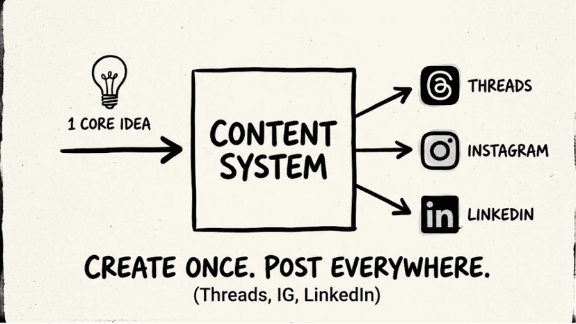 Content workflow diagram showing one source post branching into platform-specific adaptations for Threads, Instagram, and LinkedIn